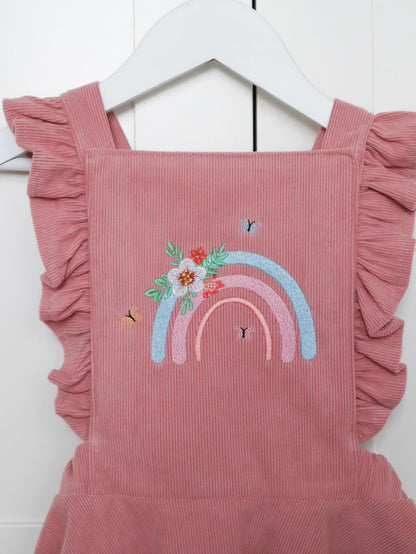 Boho rainbow themed embroidered ribbed bow dress for girls 