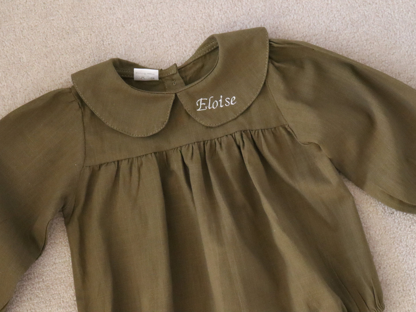 Khaki girls Collared personalised embroidered long sleeved romper 