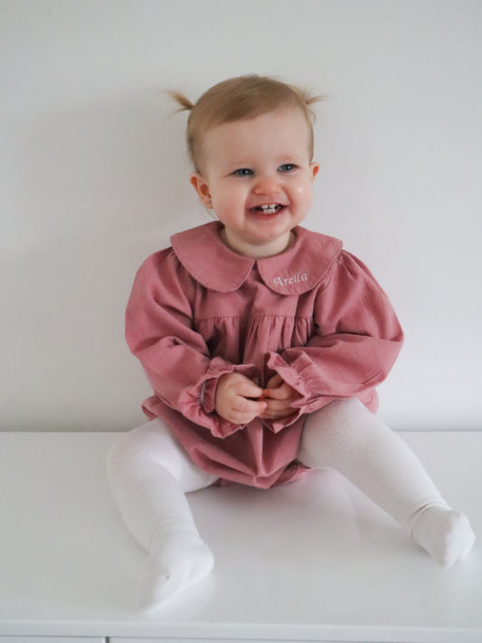 Pink girls Collared personalised embroidered long sleeved romper 