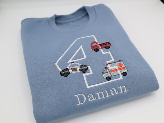 Emergency Vehicle themed birthday embroidered personalised kids sweater 