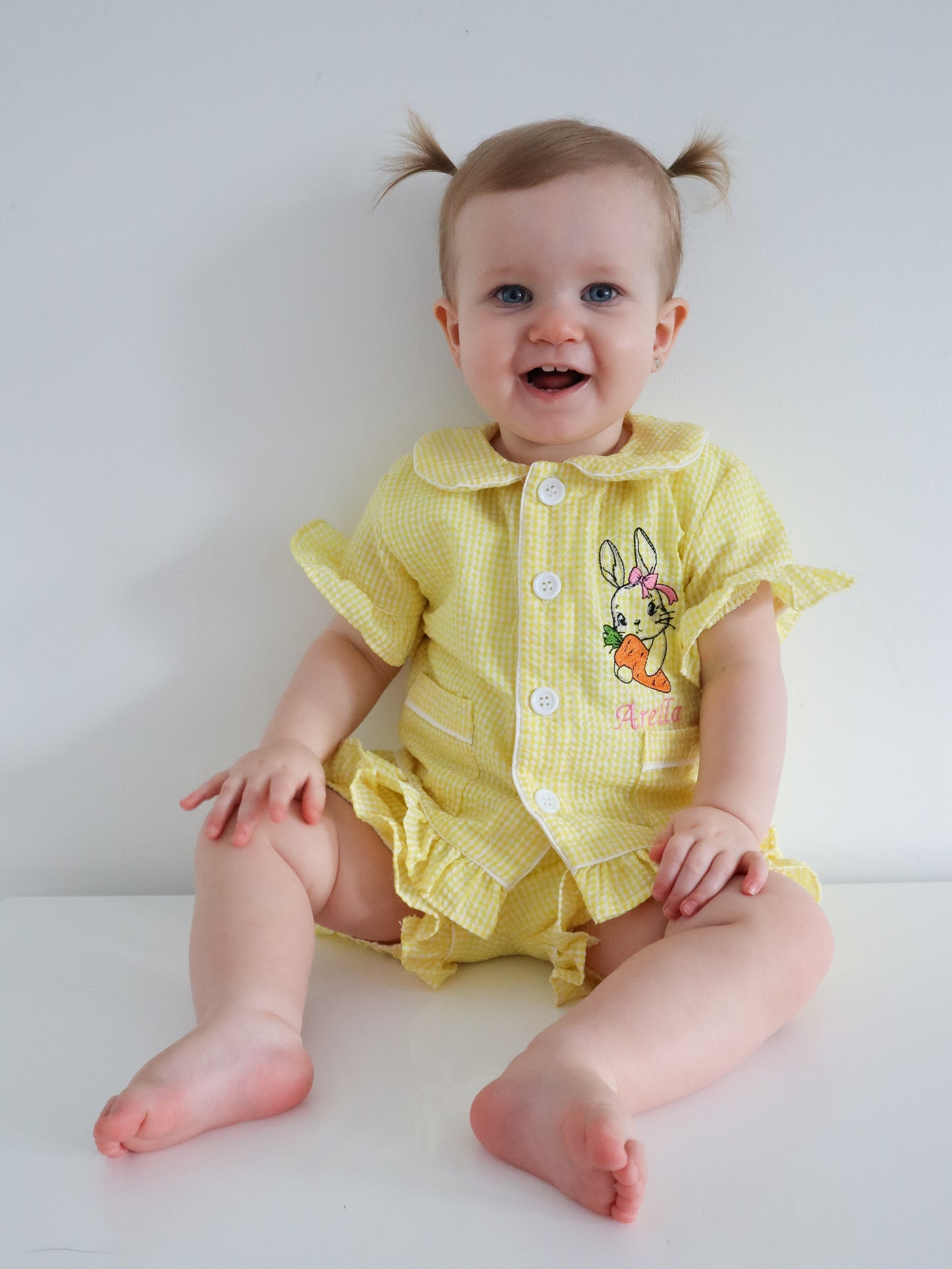 Bunny personalised embroidered kids lemon shorts and button down tshirt 