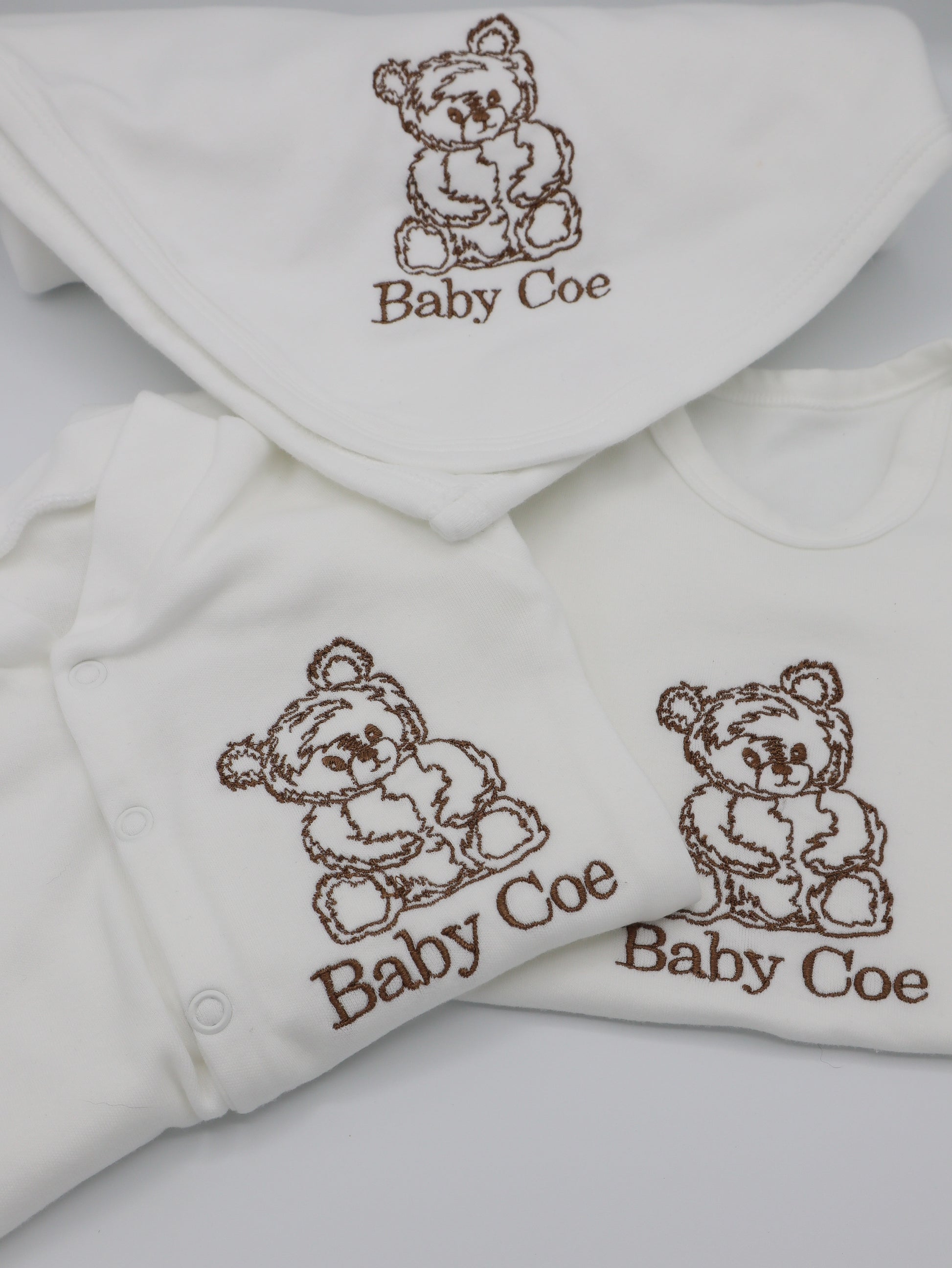 Teddy bear baby personalised embroidered baby gift with a sleepsuit, baby vest and blanket 
