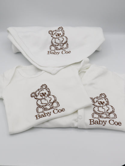 Teddy bear baby personalised embroidered baby gift with a sleepsuit, baby vest and blanket 