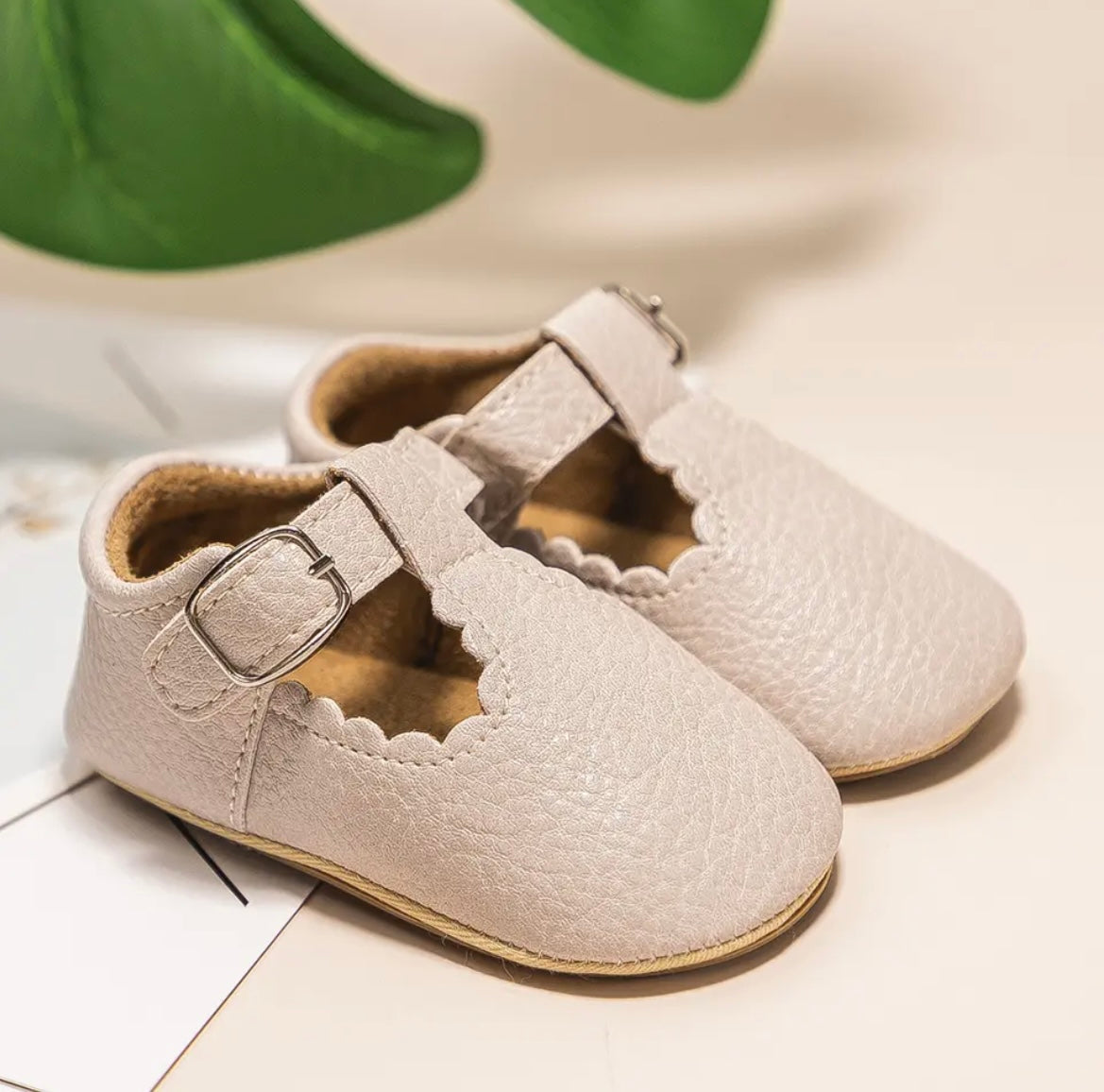 Beige personalised baby soft soled shoes 