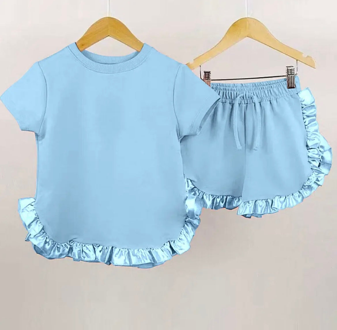 Satin and cotton frill short sets for girl with personalised embroidery in blue 