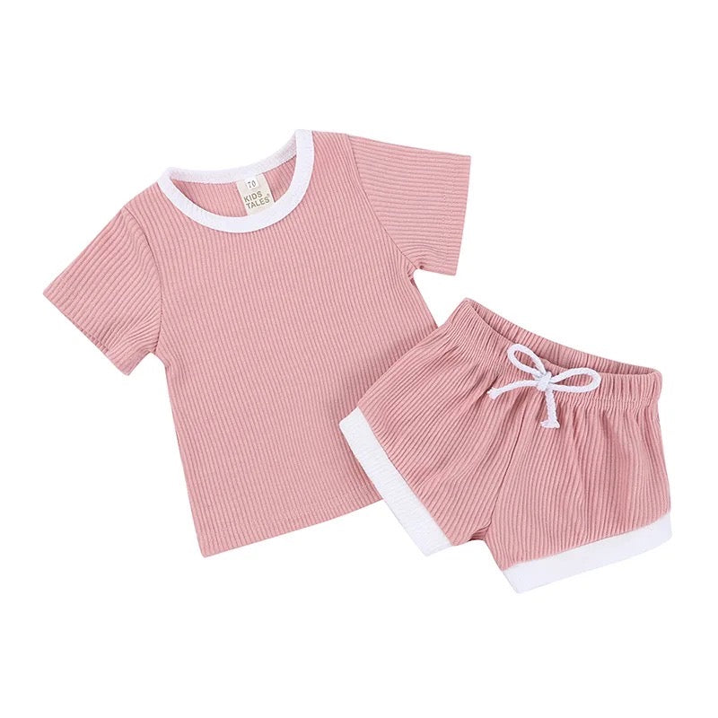 Personalised embroidered kids ribbed shorts and tshirt set in pink