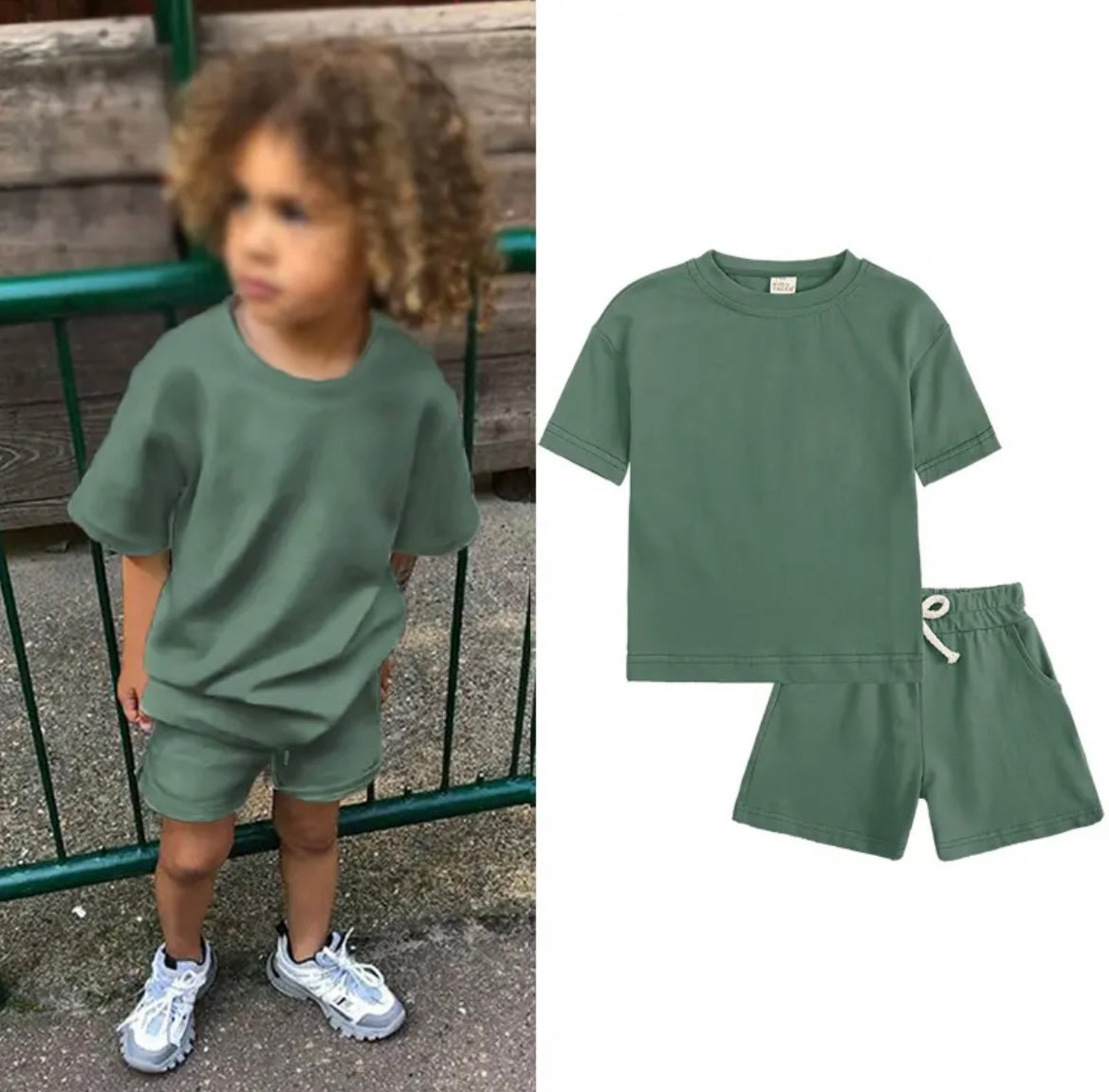 Green personalised embroidered kids short and tshirt set