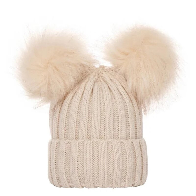 Beige Double Pom winter hat with personalised embroidery