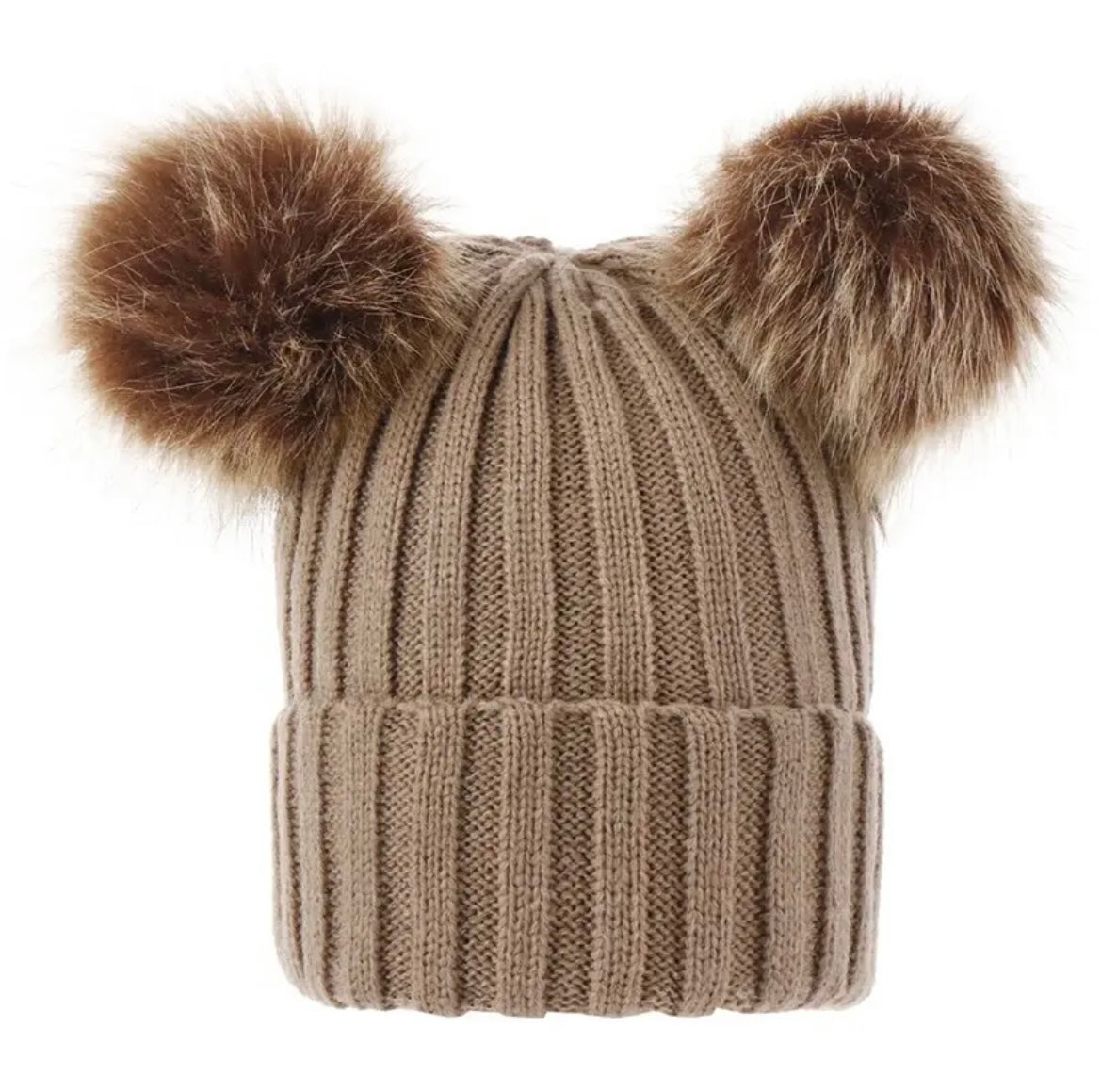 Brown Double Pom winter hat with personalised embroidery