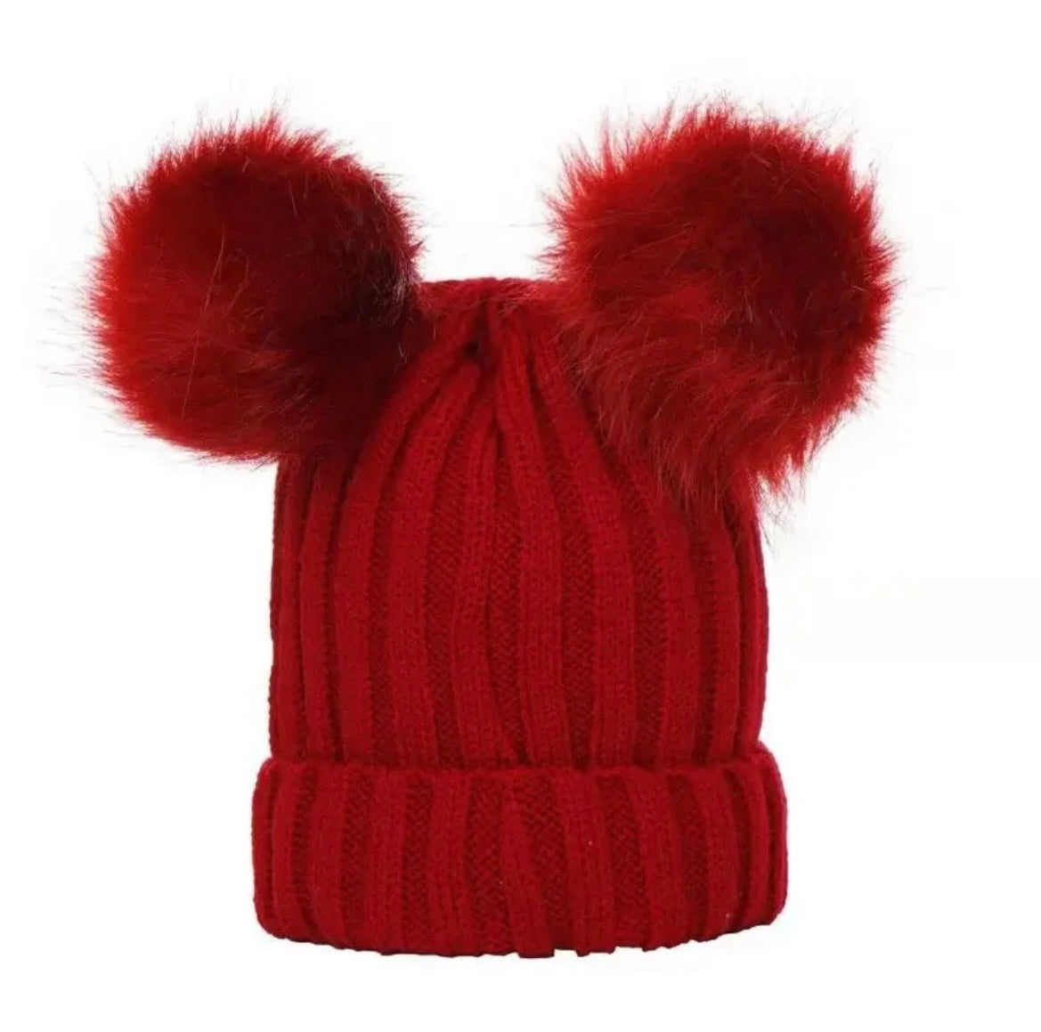 Red Double Pom winter hat with personalised embroidery