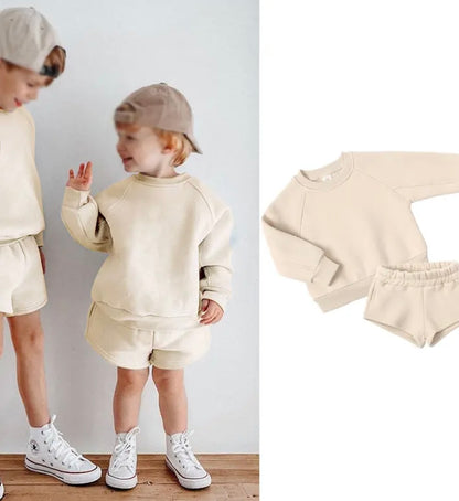 Beige Personalised embroidered kids summer shorts and sweater sets 
