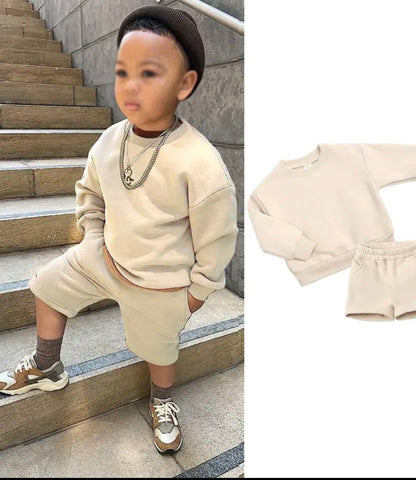 Beige Personalised embroidered kids summer shorts and sweater sets 