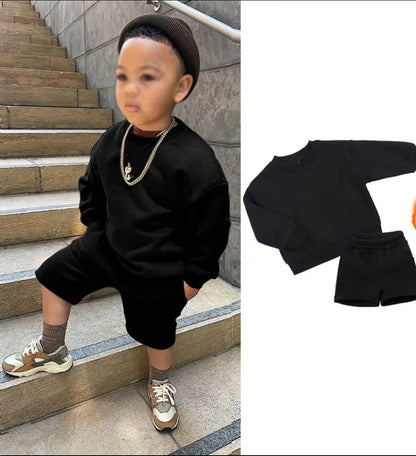 Black Personalised embroidered kids summer shorts and sweater sets 