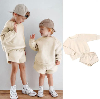 Beige Personalised embroidered kids summer shorts and sweater sets 