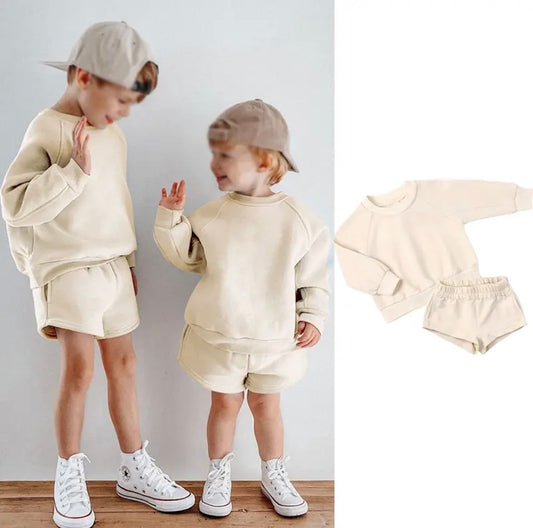 Beige Personalised embroidered kids summer shorts and sweater sets 