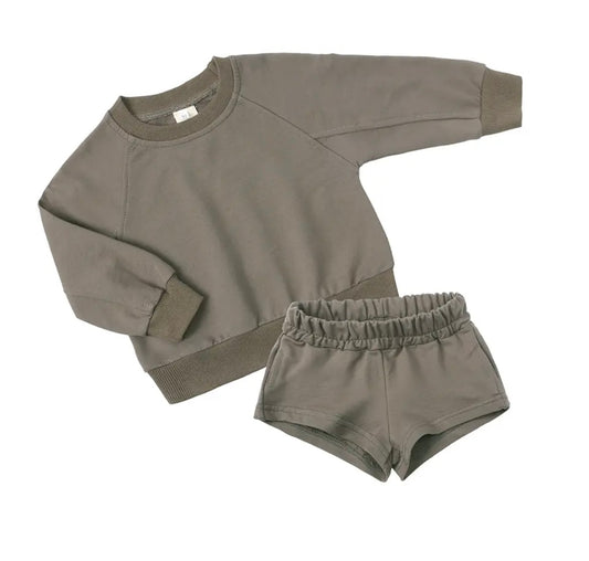 Taupe Personalised embroidered kids summer shorts and sweater sets 
