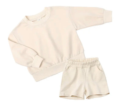 Beige Personalised embroidered kids summer shorts and sweater sets 