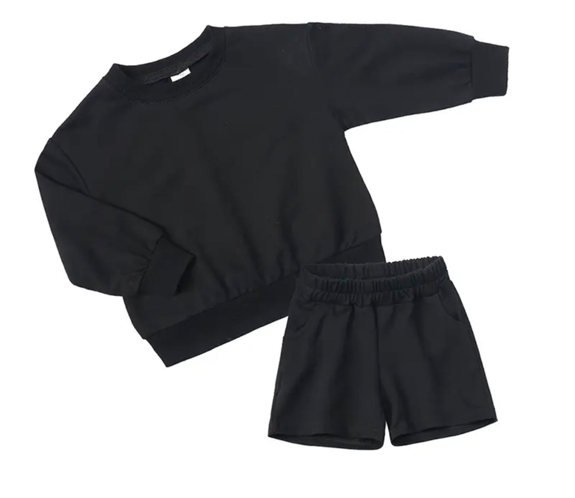 Black Personalised embroidered kids summer shorts and sweater sets 