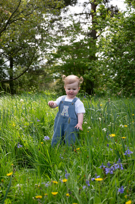 Applique embroidered initial personalised oversized kids denim dungarees 