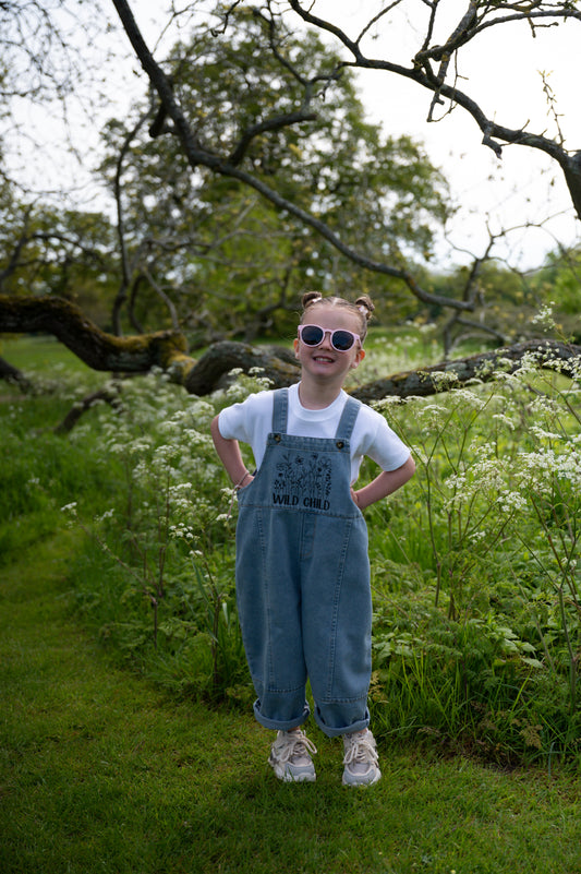 Wild Child embroidered slogan oversized kids denim dungarees 