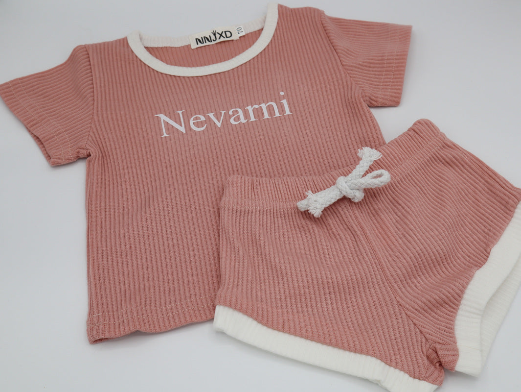 Personalised embroidered kids ribbed shorts and tshirt set in pink