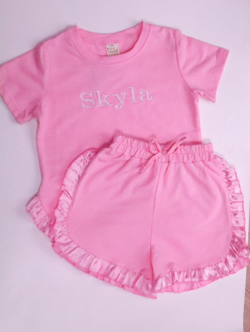 Satin and cotton frill short sets for girl with personalised embroidery