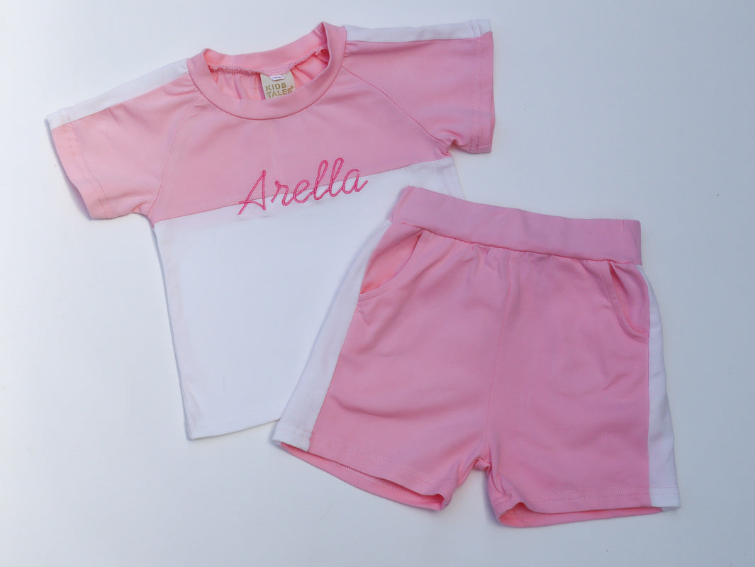 Boys and girls two colour summer shorts and tshirt sets with personalised embroidery 