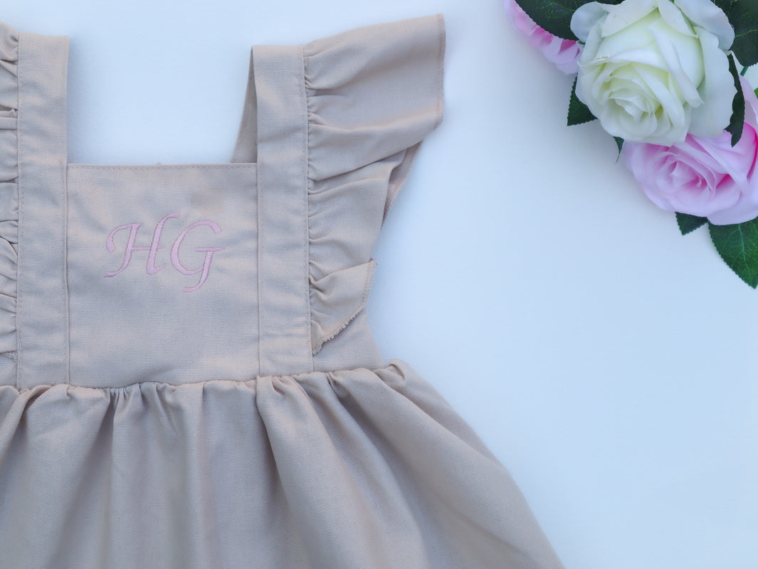 Personalised embroidered frill open back kids dress 