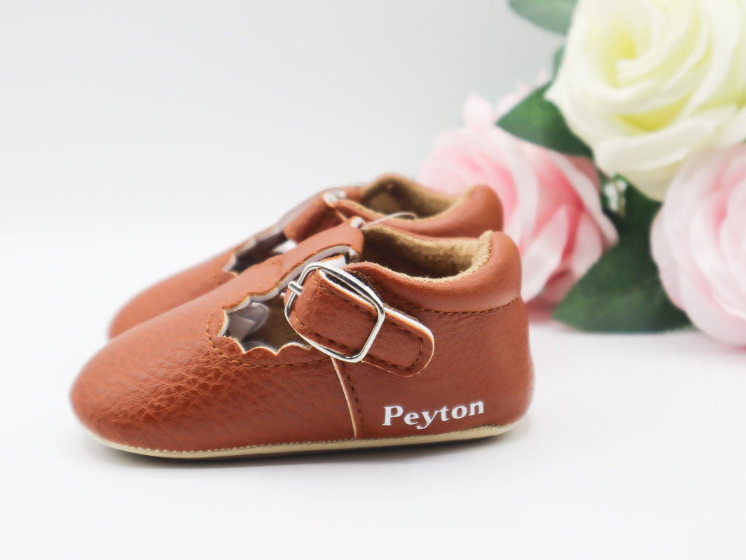 Brown personalised baby soft soled shoes 