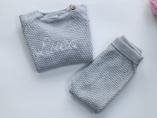 Personalised embroidered knit like sweater and jogger set for babies and toddlers