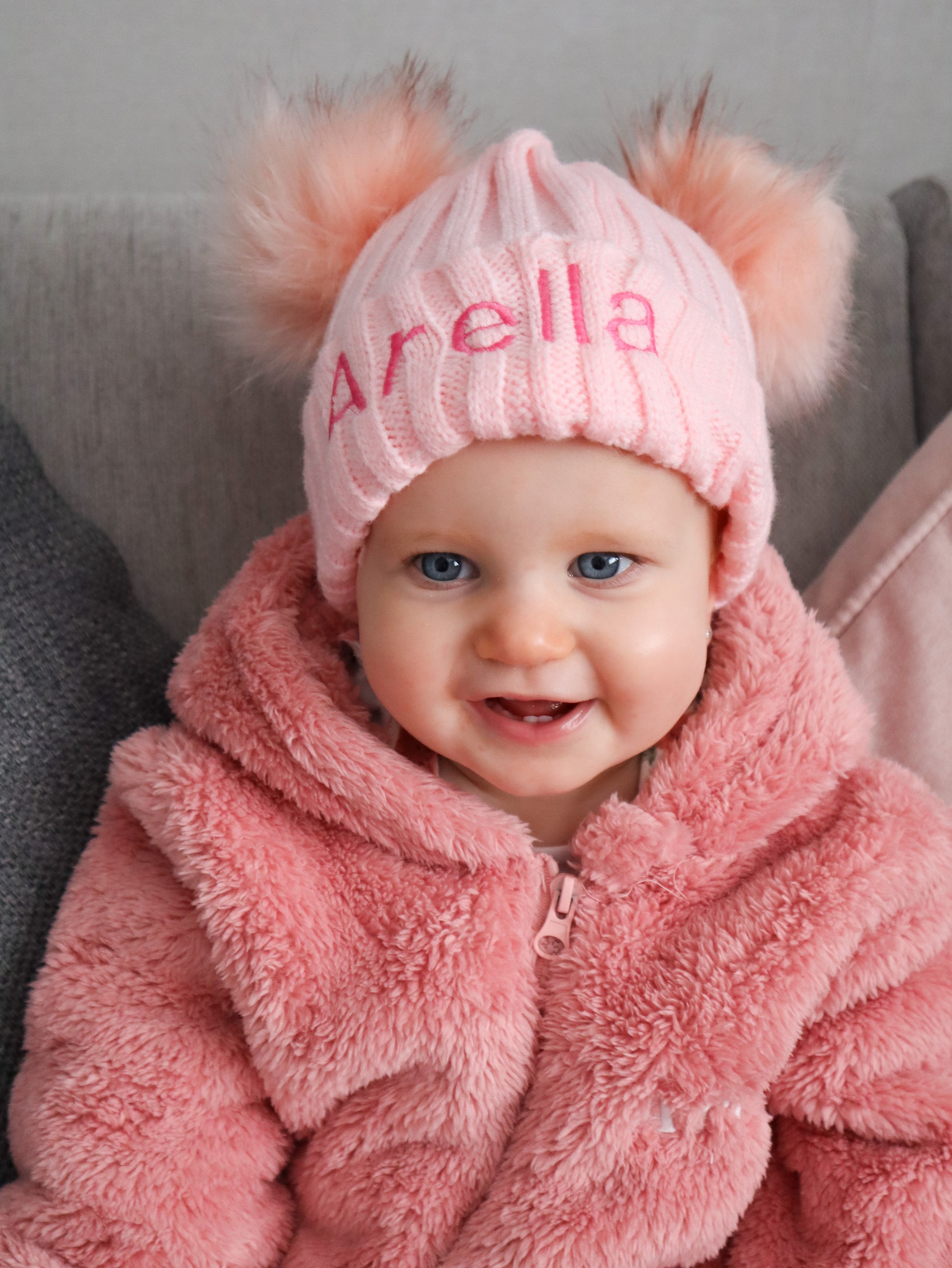 Double Pom winter hat with personalised embroidery