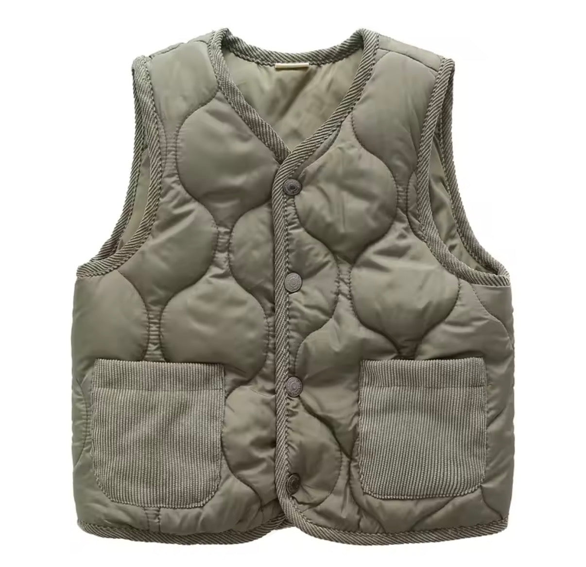 Khaki childrens Gilet with button details on a white background