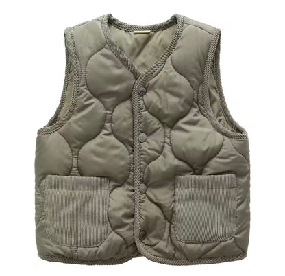 Khaki childrens Gilet with button details on a white background
