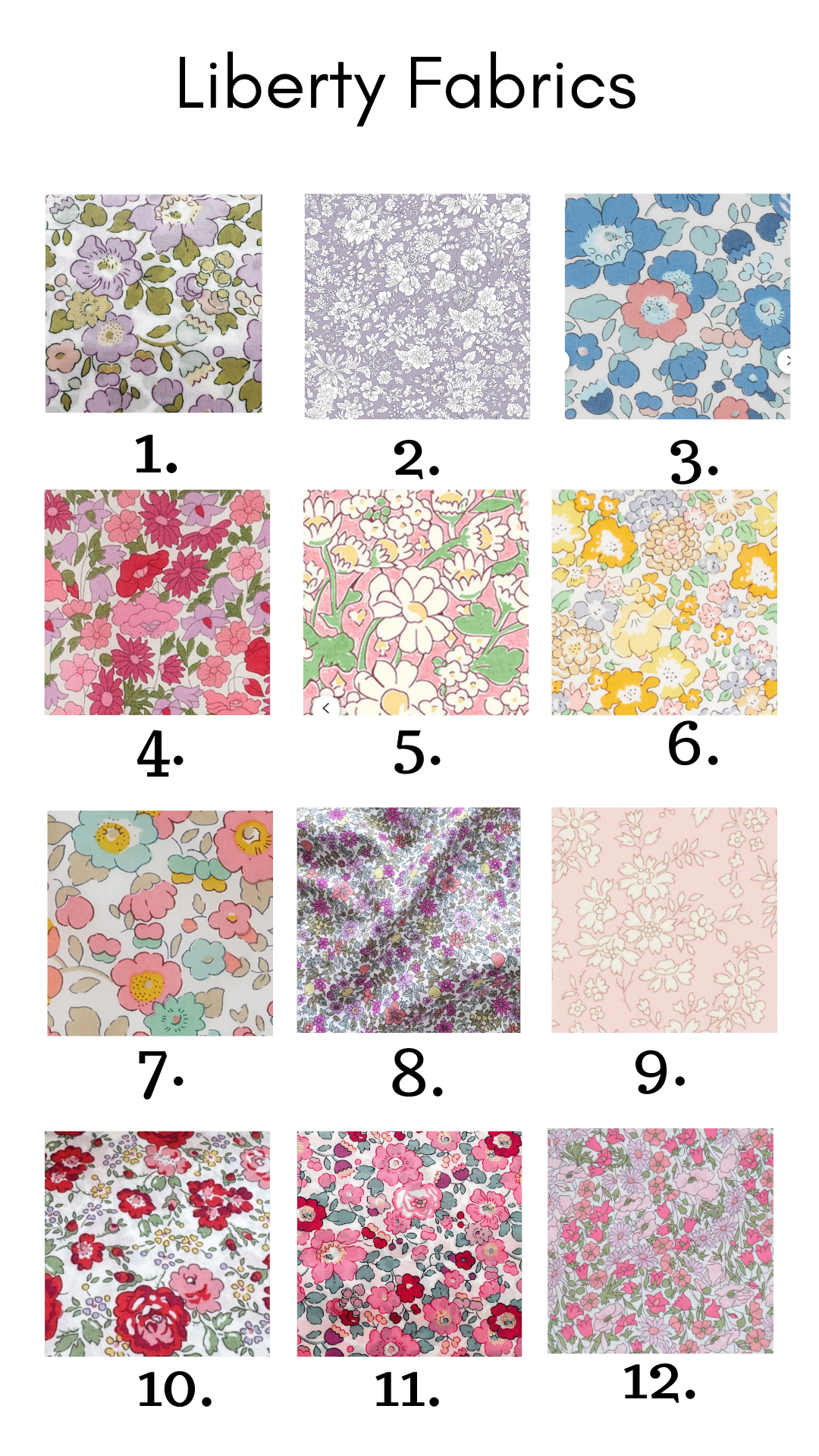 Grid of Liberty Fabrics with 12 different patterns.