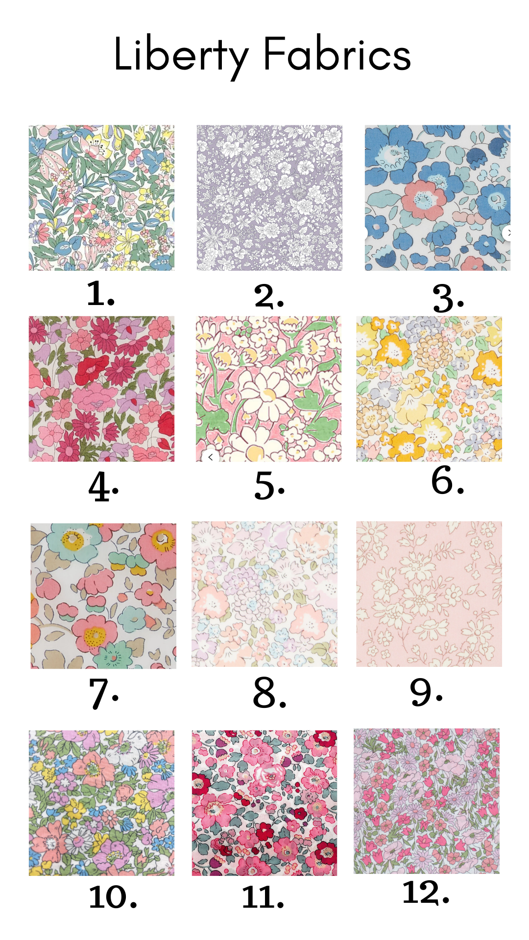 Grid of Liberty Fabrics with 12 different floral patterns.