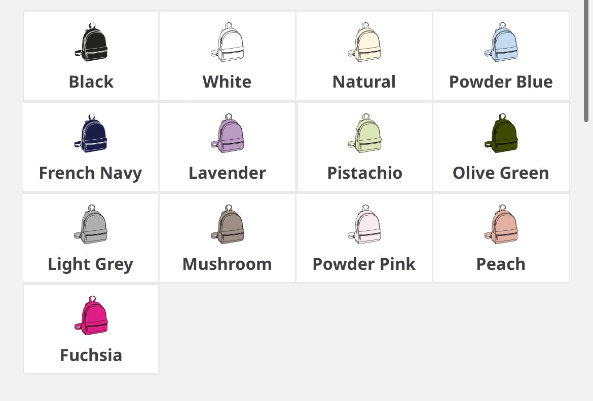 Color swatches of backpacks in various colors on a white backgroundm