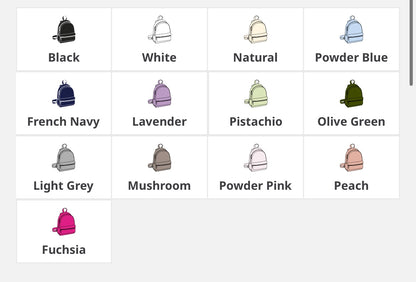 Color swatches of backpacks in various colors on a white backgroundm