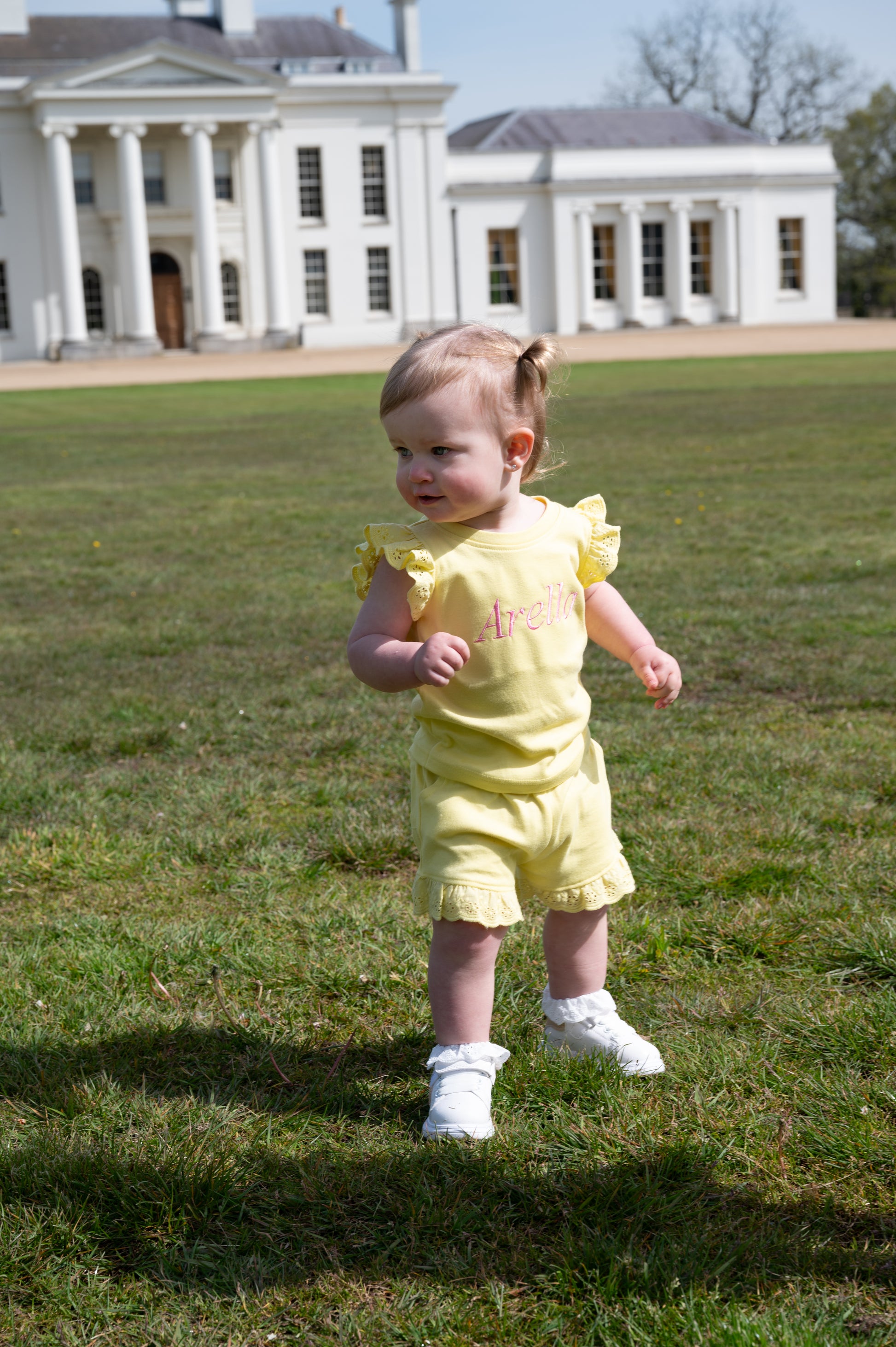 Embroidered personalised kids summer shorts and tshirt frill sets 