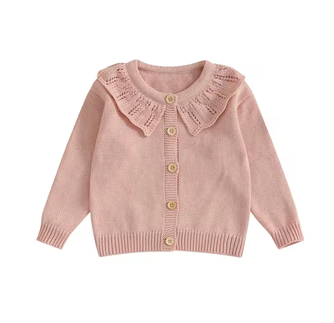 Pink knitted cardigan with a ruffled collar on a white background