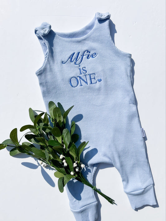 Ribbed personalised embroidered birthday dungarees in powder blue