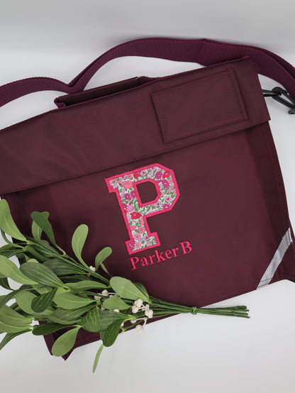 Personalised embroidered school bag with liberty of london fabric 