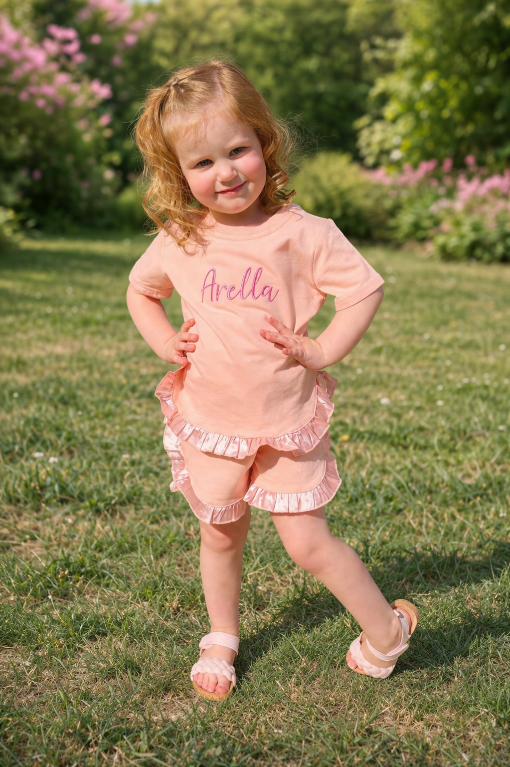 Young girl in a pink outfit with pink embroidery standing on grass with flowers in the background