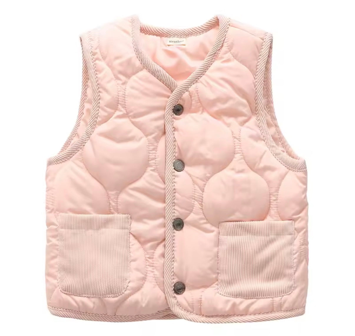 Pink quilted vest with button details on a white background