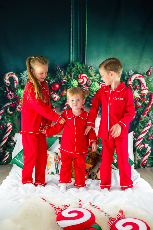 Personalised red and white buttoned Pjs for children and adults 