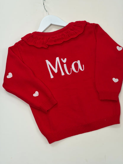 Embroidered red cardigan with embroidery name Mia 