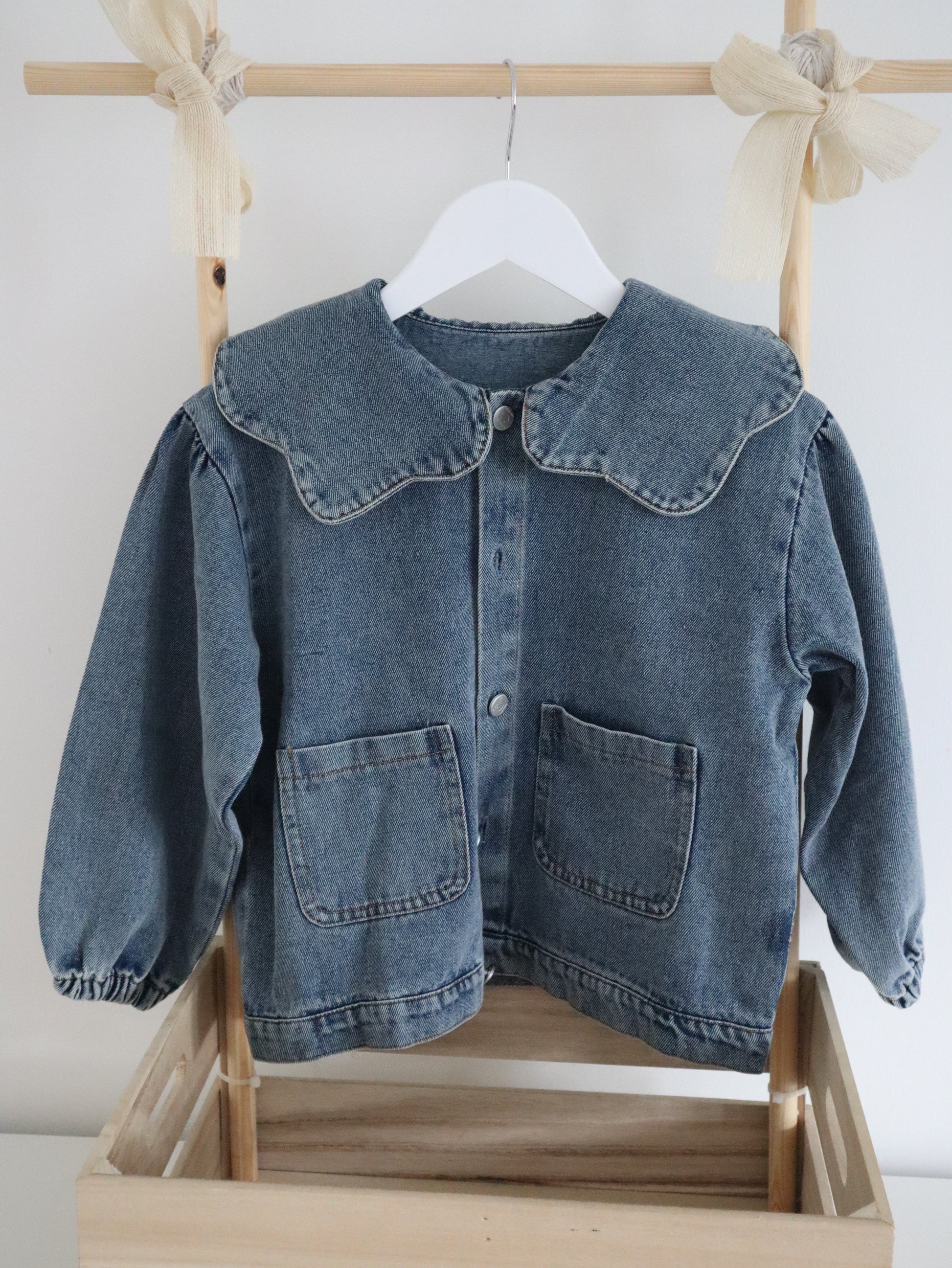 Kids scallop collared denim jacket personalised with liberty of london fabric with the childs initial and name 
