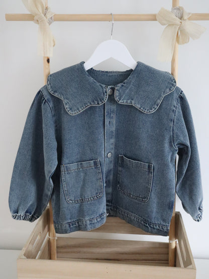 Kids scallop collared denim jacket personalised with liberty of london fabric with the childs initial and name 