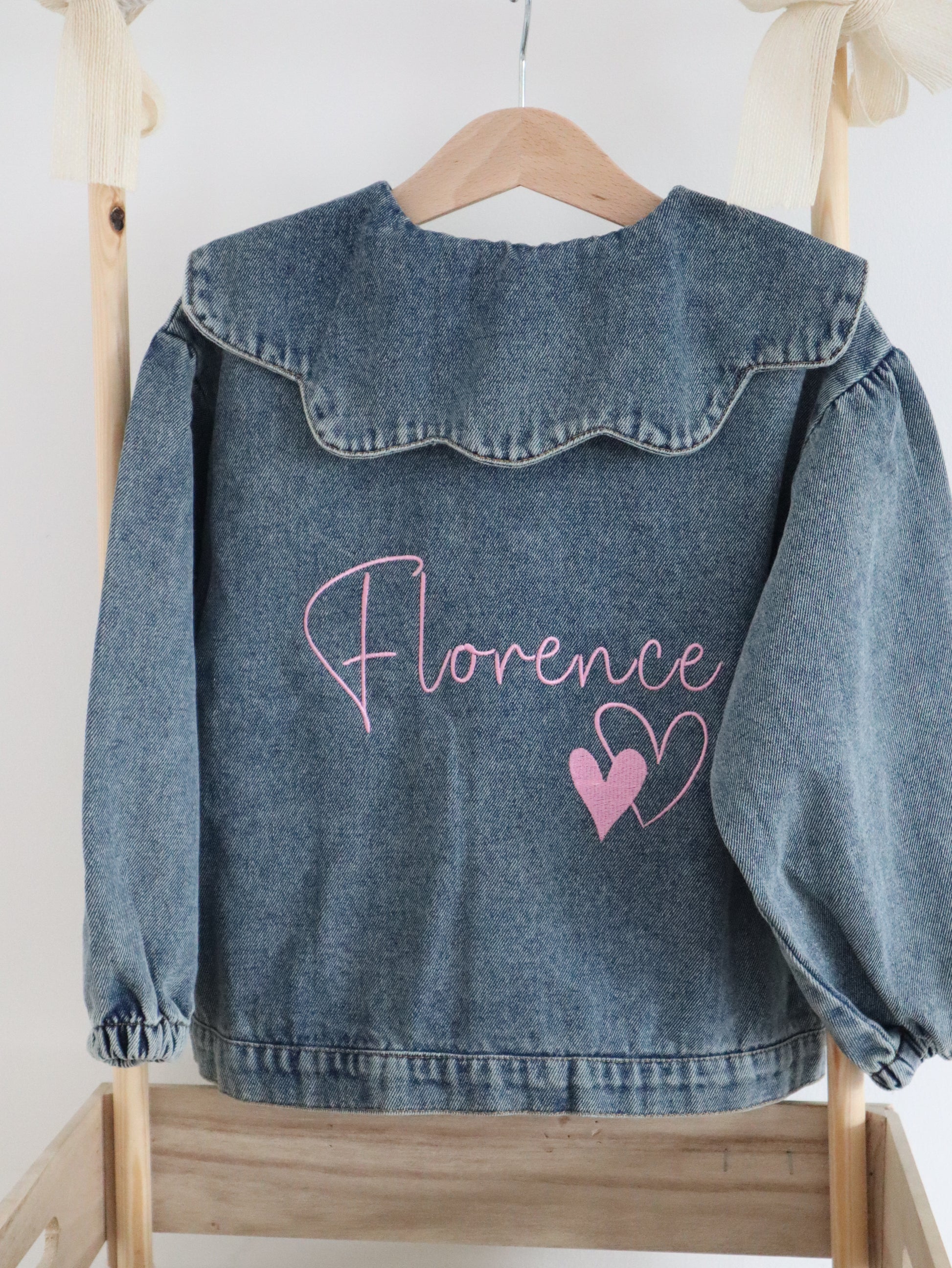 Scallop collared kids denim jacket personalised with childs name in embroidery