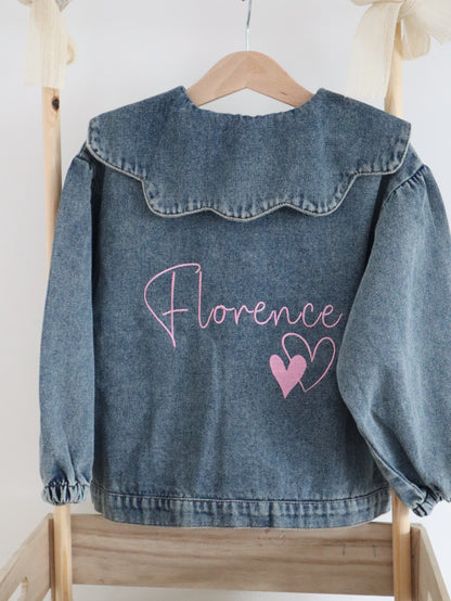 Scallop collared kids denim jacket personalised with childs name in embroidery