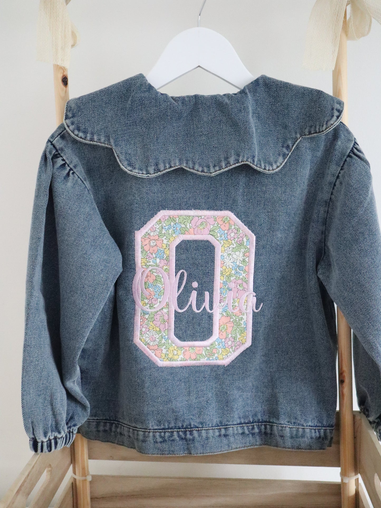 Kids scallop collared denim jacket personalised with liberty of london fabric with the childs initial and name 